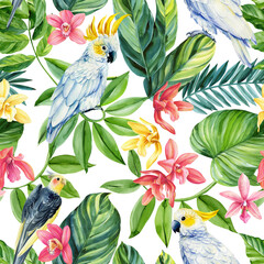 Tropical seamless vintage pattern, palm leaves, orchid flowers and parrot. Exotic jungle wallpaper. hand drawn botanical