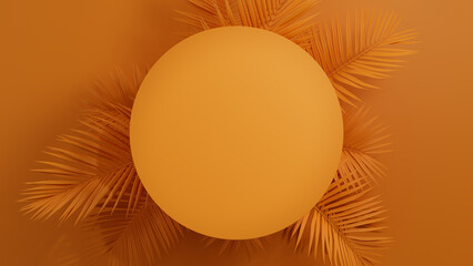 Palm Plant Border forms Orange, Trendy Design. Circle Botanical Frame with copy-space.