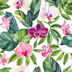 Tropical seamless vintage pattern, palm leaves, orchid flowers. Exotic jungle wallpaper. hand drawn botanical