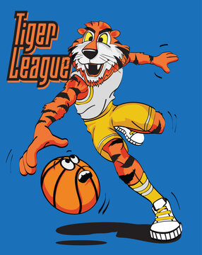 A Tiger angry animal sports mascot holding a basketball ball 