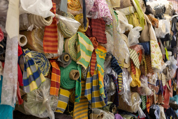 2023 Feb 1,Hong Kong .Sham Shun Po Fabric Market,Detailed close up view on samples of cloth and fabrics in different colors found at a fabrics market.