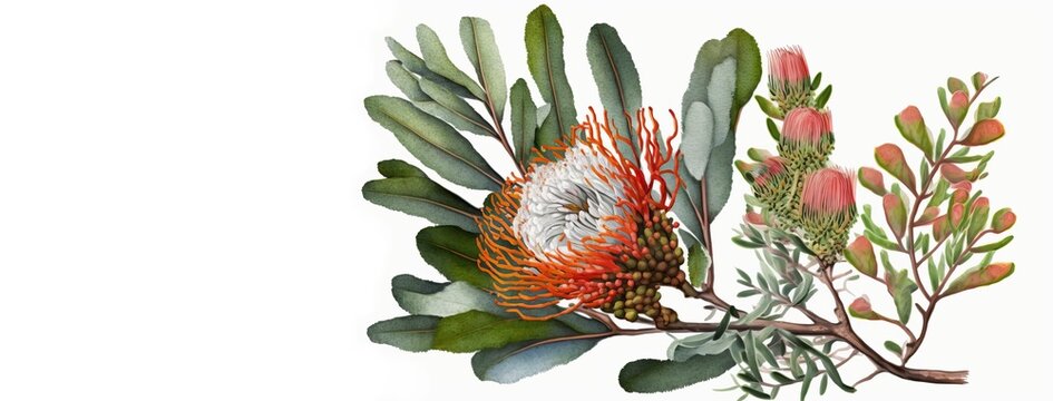 Watercolour clip-art of exotic flower. Elegant Mother's day card, Birthday banner, wedding invitation. Banksia, protea on a creamy background. Posters, planners, web, landing page, wallpaper. AI image
