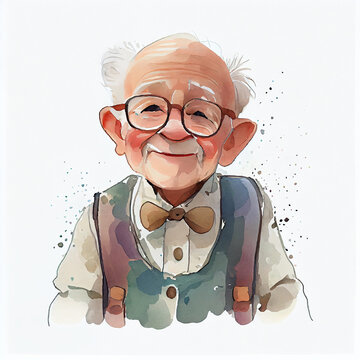 Watercolor illustration of an elderly man smiling. Generative ai