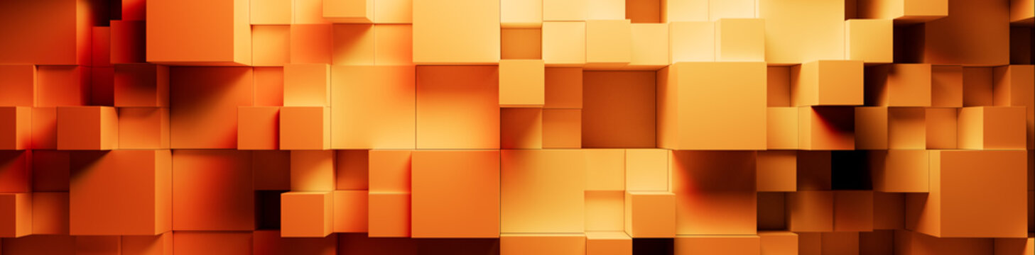 Yellow and Orange, Multisized Blocks Neatly Aligned to create a Modern Tech Banner. 3D Render.