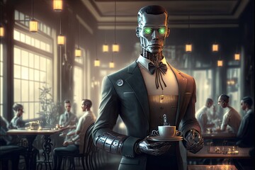 AI generative illustration, robot waitress serving in restaurant