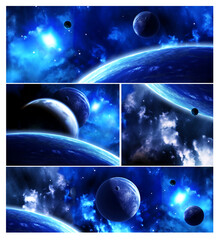 Set of horizontal space banners with planets, nebula and stars