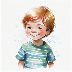 Watercolor illustration of a young boy smiling. Generative ai