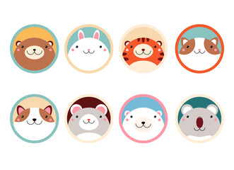 Set of kawaii member icon. Square cards with cute cartoon animals. Baby collection of avatars with tiger, koala, polar bear, cat, bunny, dog, brown bear, mouse. Vector illustration EPS8