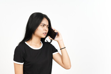 Make a Phone Call Using smartphone with angry face Of Beautiful Asian Woman Isolated On White