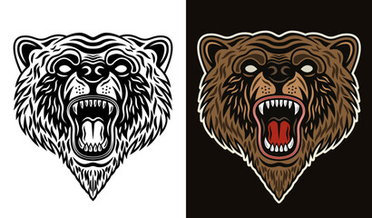 Bear snout with open roaring mouth vector illustration in two styles black on white and colorful on dark background