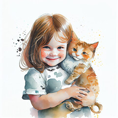 Watercolor illustration of a cute girl holding a cat. Generative ai