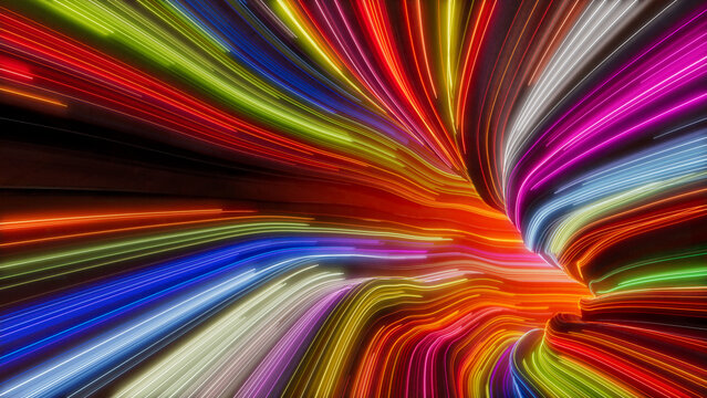 Orange, Pink and Green Colored Curves form Abstract Swoosh Tunnel. 3D Render.