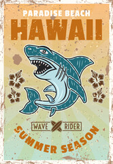 Hawaii paradise colored vintage surfing poster with shark vector illustration, text and grunge textures on separate layers