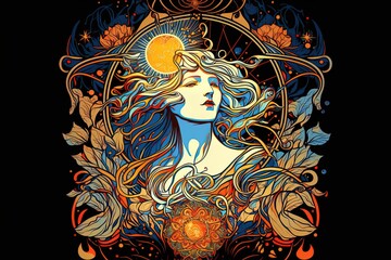 Happy abstract astral shape, moon and sun, art nouveau, expressionism. Mucha and tarot card inspired, strong color. Generative AI