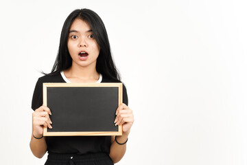 Fototapeta premium Showing, Presenting and holding Blank Blackboard with Shocked Face Of Beautiful Asian Woman