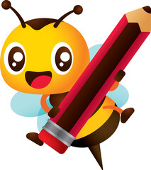Cute laughing honey bee carrying big pencil for education theme use. Back to school concept illustration