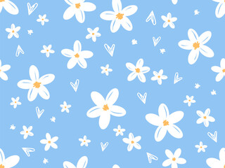Seamless pattern with white flower and hand drawn hearts on blue background vector illustration. Cute floral print.