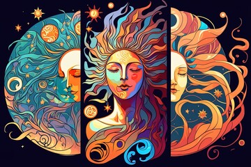 Happy abstract astral shape, moon and sun, art nouveau, expressionism. Mucha and tarot card inspired, strong color. Generative AI - obrazy, fototapety, plakaty