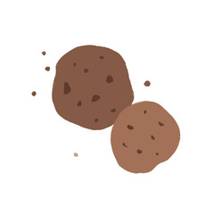 Hand drawn cute cartoon two cookies with chocolate chips and crumbs