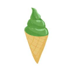 Isolated hand drawn illustration of green matcha ice cream in a cone