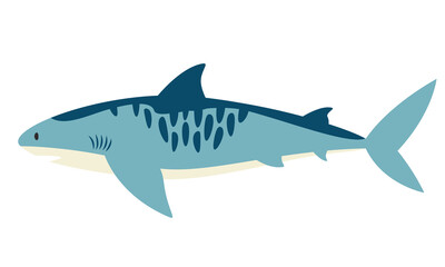 Tiger shark side view. Sea inhabitant in flat style.