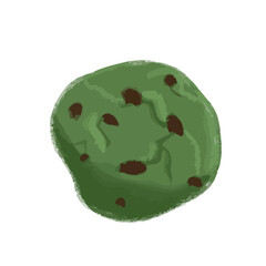 Isolated hand drawn illustration of green matcha cookie with chocolate chips