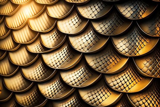 Dragon scales background - gold shining shells . Simple background made of dragon scale armor illustration Generative AI. © Dong Nhat Huy