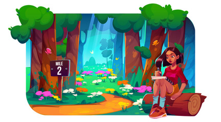 Summer forest landscape with trees, path and girl with notebook. Nature scenery of park with flowers, butterflies, road and young beautiful woman, vector cartoon illustration