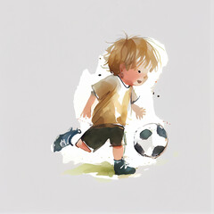 Watercolor illustration of a boy playing soccer. Generative ai