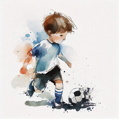 Watercolor illustration of a boy playing soccer. Generative ai