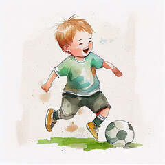 Watercolor illustration of a boy playing soccer. Generative ai