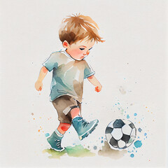 Watercolor illustration of a boy playing soccer. Generative ai