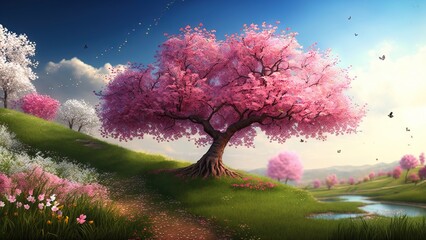 Cherry Blossom day background illustration spring blooming generatie ai - obrazy, fototapety, plakaty