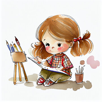 Watercolor illustration of a little girl painting. Generative ai