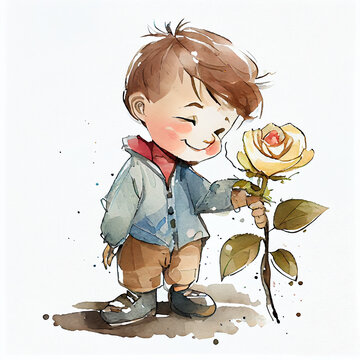 Watercolor illustration of a boy holding a rose. Generative ai