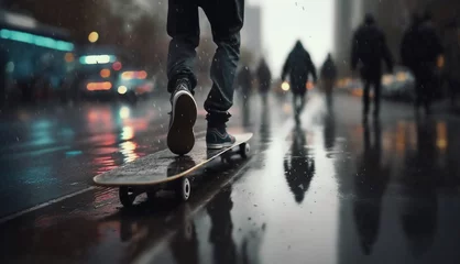 Poster a skateboarder, Zoom on a skateboard on a flat road, It's raining, a lot of people walking around. made with generative AI © LamaiC
