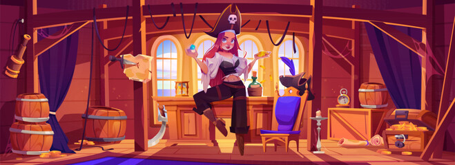 Girl pirate in captain cabin on ship. Adorable woman with wood leg in buccaneer costume hold gold coins and gem. Wooden boat cabin interior with table and treasure chest, vector cartoon illustration