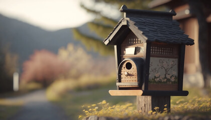a small post box in front of a rural house, the background is bokeh a beautiful Japan rural landscape. made with generative AI