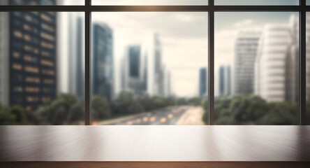 Fototapeta na wymiar Empty wood desk, office display copy space, windows with blurred city road highway urban background