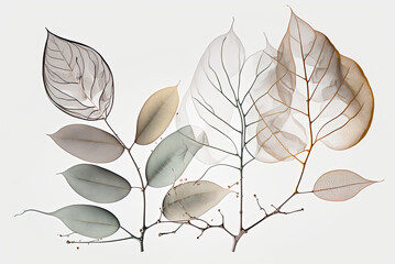 Transparent and delicate leaves on white background. generative ai