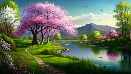 Beautiful art illustration of Sakura blossom with birds cartoon style generative ai