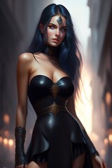 a beautiful girl in a luxury dress, short, dark beauty in a dynamic pose, in the image of a catwoman, fantasy, generated by AI masterpiece