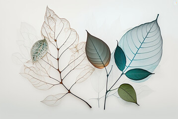Transparent and delicate leaves on white background. generative ai