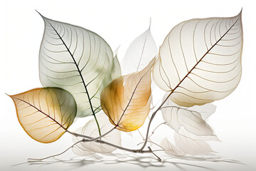 Transparent and delicate leaves on white background. generative ai