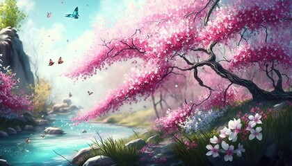 Beautiful art illustration of Sakura blossom with birds cartoon style generative ai