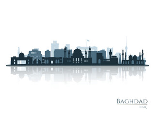 Baghdad skyline silhouette with reflection. Landscape Baghdad, Iraq. Vector illustration.