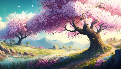 Obraz na płótnie Canvas Beautiful art illustration of Sakura blossom with birds cartoon style generative ai