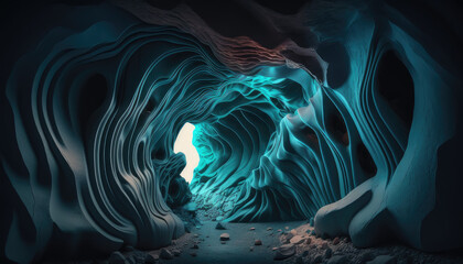 3D Rendered Cave with Blue and Turquoise Undulating Forms