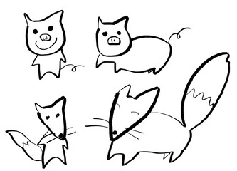 キツネさんとブタさんのイラスト（絵本、子供、和む、ゆるキャラ）