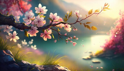 Beautiful art illustration of Sakura blossom with birds cartoon style generative ai